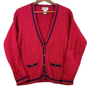 Cable Knit Cardigan Sweater VNeck Ivy League Womens Fits Medium Large Preppy Red